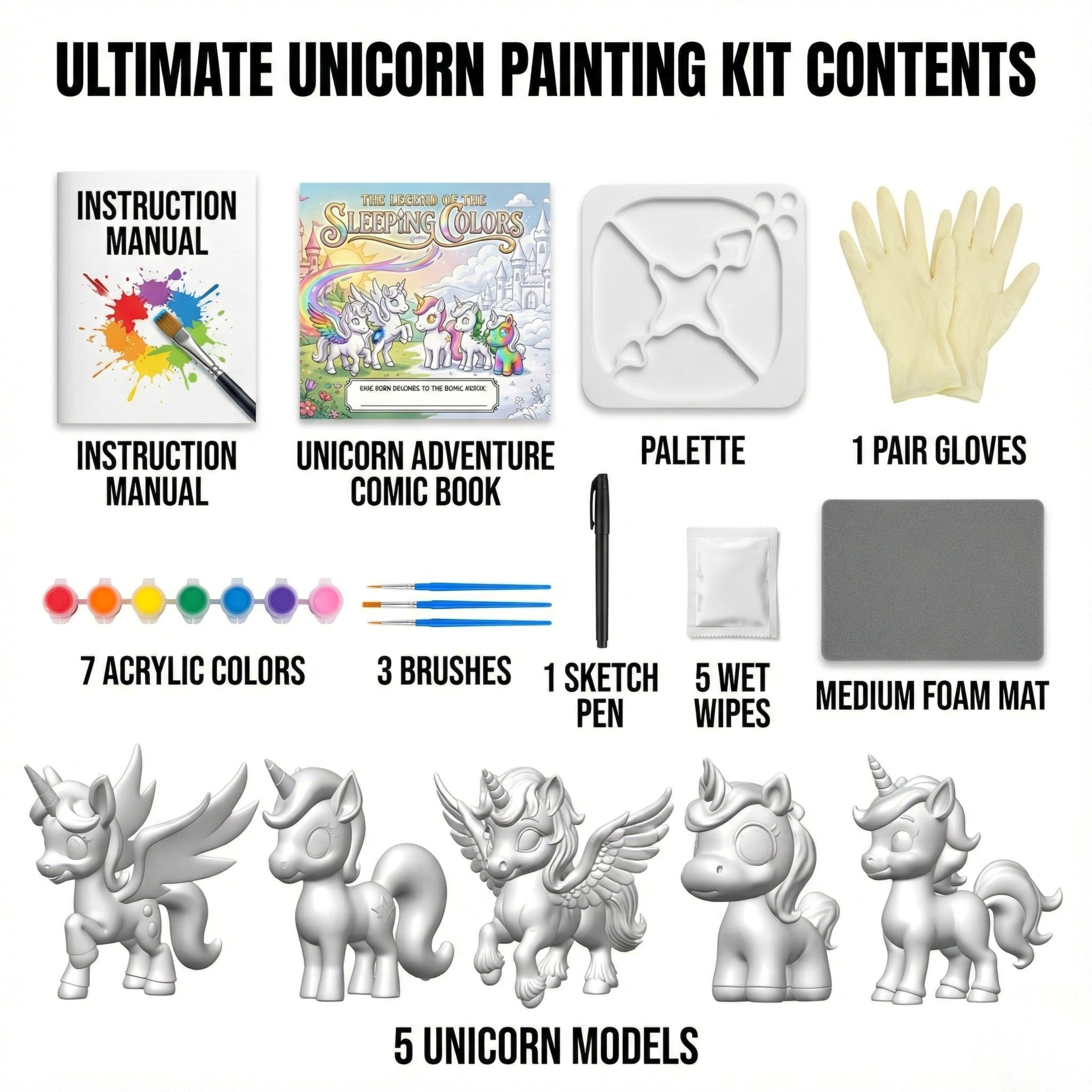 Unscroo DIY 3D Model Painting Kits - Unicorn Kit - 3D Printed Art & Craft Hobby Gift for Kids, Teens & Adults - Return Gift Sets (Unicorn Magic (5-Pack))