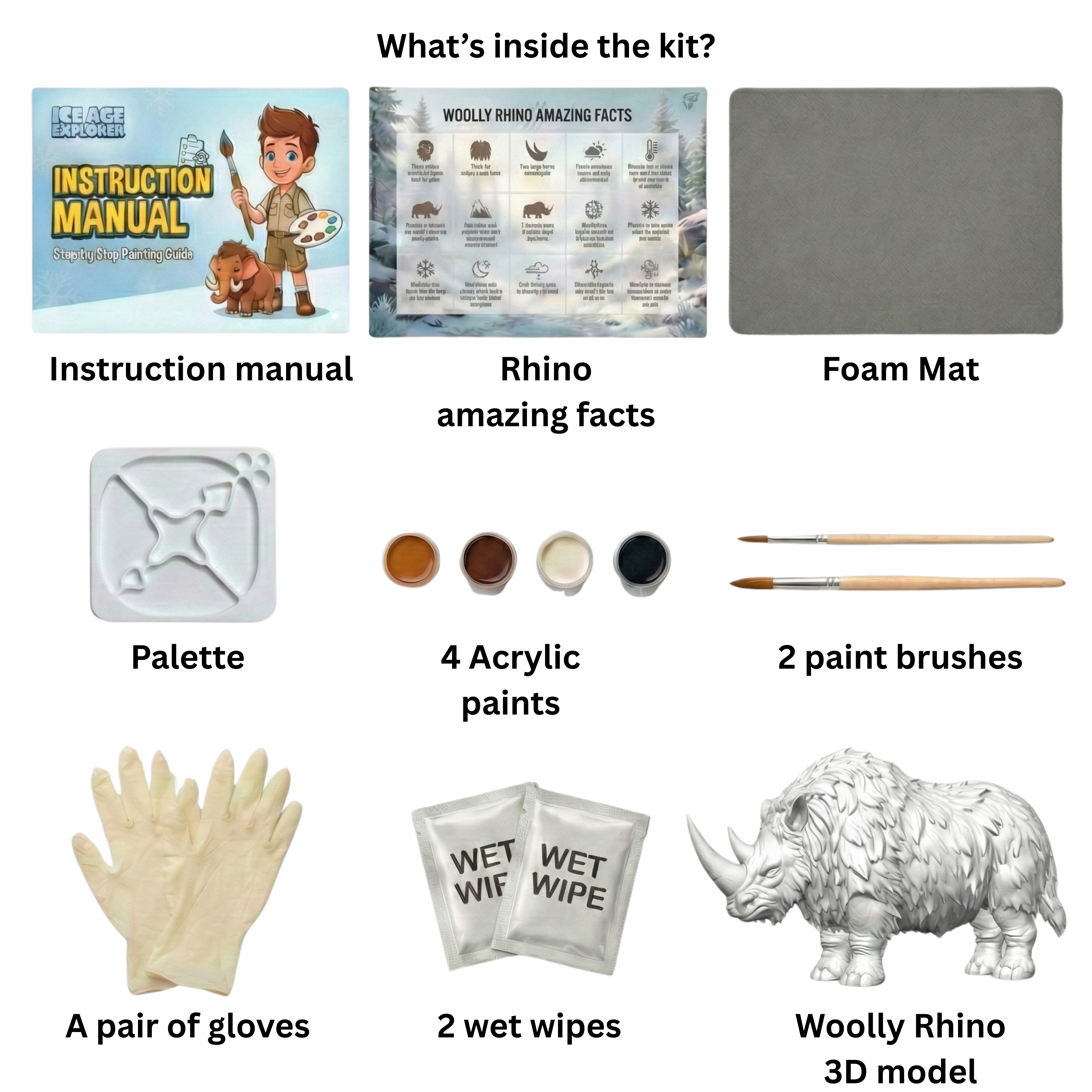 Unscroo DIY 3D Model Painting Kits - Ice Age Animals - 3D Printed Art & Craft Hobby Gift for Kids, Teens & Adults - Return Gift Sets (Wolly Rhino Single)