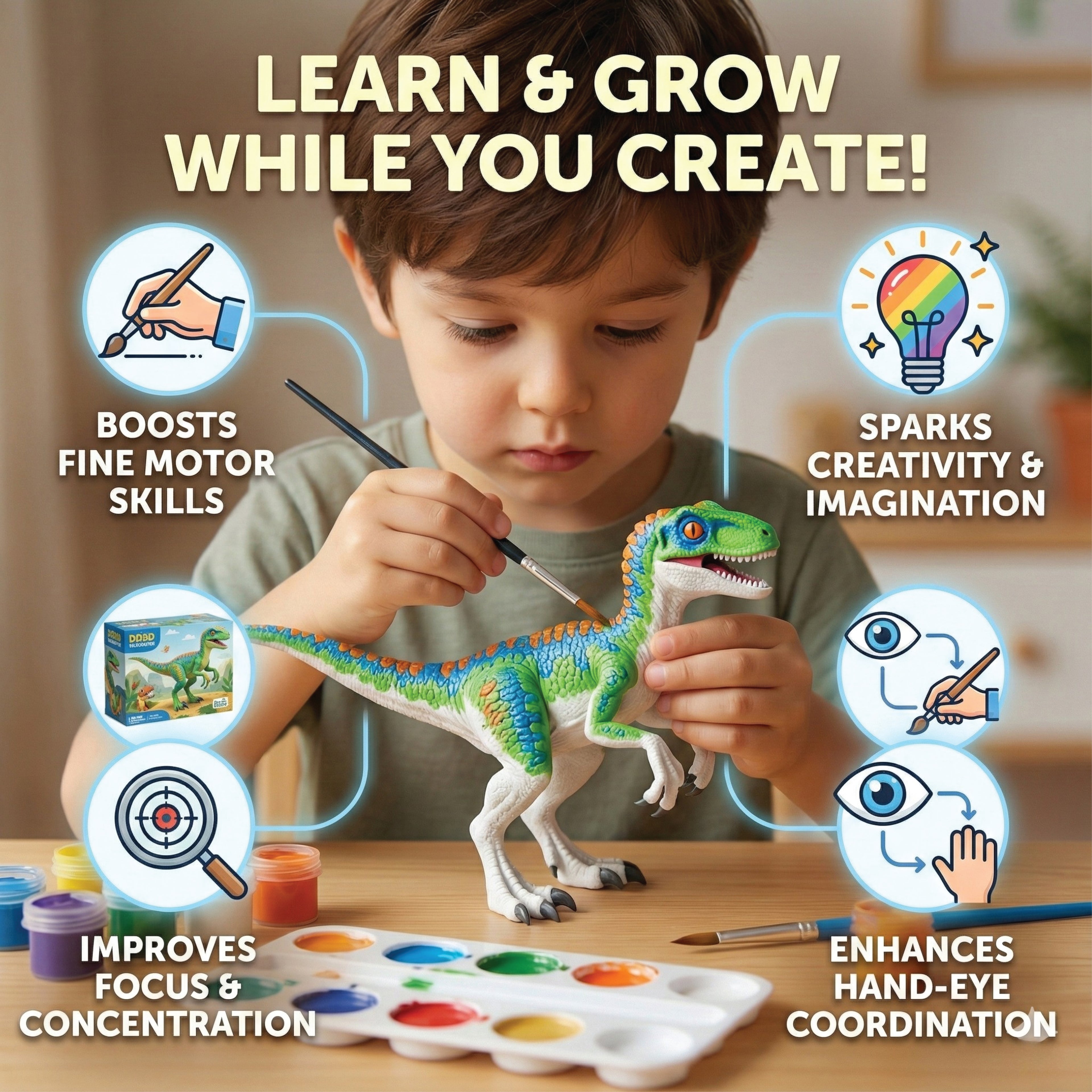 Unscroo DIY 3D Model Painting Kits - Dinosaurs - 3D Printed Art & Craft Hobby Gift for Kids, Teens & Adults - Return Gift Sets (Velpciraptor Single)