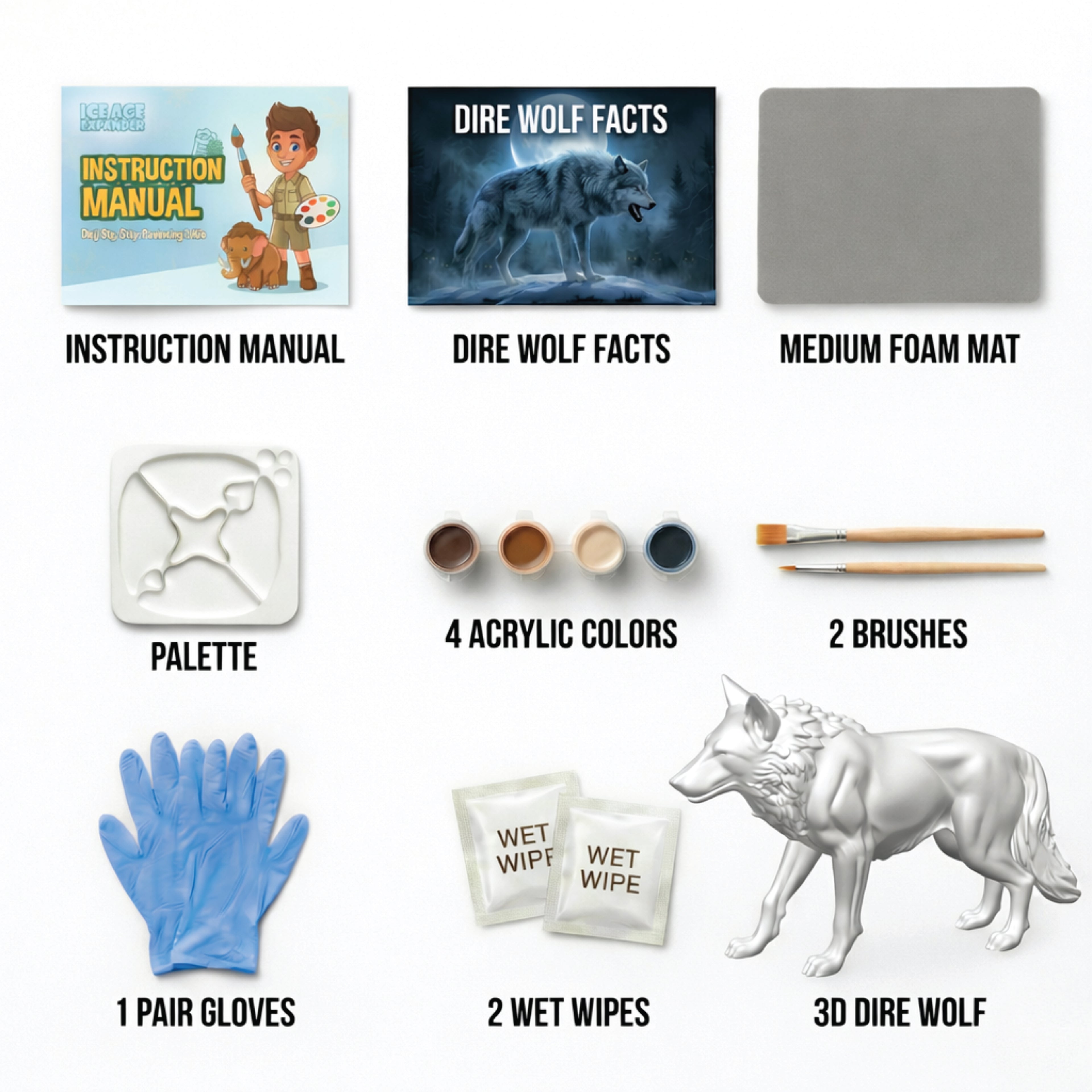 Unscroo DIY 3D Model Painting Kits - Ice Age Animals - 3D Printed Art & Craft Hobby Gift for Kids, Teens & Adults - Return Gift Sets (Dire Wolf Single)